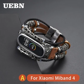 UEBN Nahast Retro watchband jaoks xiaomi miband 4 metallist reljeef piiri Wriststrap DIY Käevõru miband 3 smart käepael