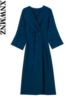 XNWMNZ 2022 Naiste Mood Nuppu Midi Kleit Naine Retro Pikk Varrukas, V-Kaeluse Ääris, Pilu, Naiste Stiilne Kleidid