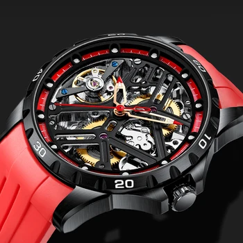 AILANG Meeste Kellad Top Brändi Luksus Õõnes Automaatne Mehaaniline Sport Watch Meeste Musta Terasest korpus Punane Silikoon Rihm 2023