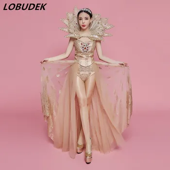 Lady High-end Luksuslik Kostüüm Kuld Teemant Kristallid Bodysuit Kaasaegse Tantsu Show Komplekt Tantsija ja Laulja Etapp Catwalk Tants kanda