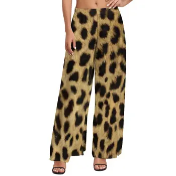 Faux Gepard Nahk Püksid Naiste Loomade Leopard Print Disain Streetwear Püksid Elastne Kõrge Vöökoht Elegantne Laiad Püksid Kingitus